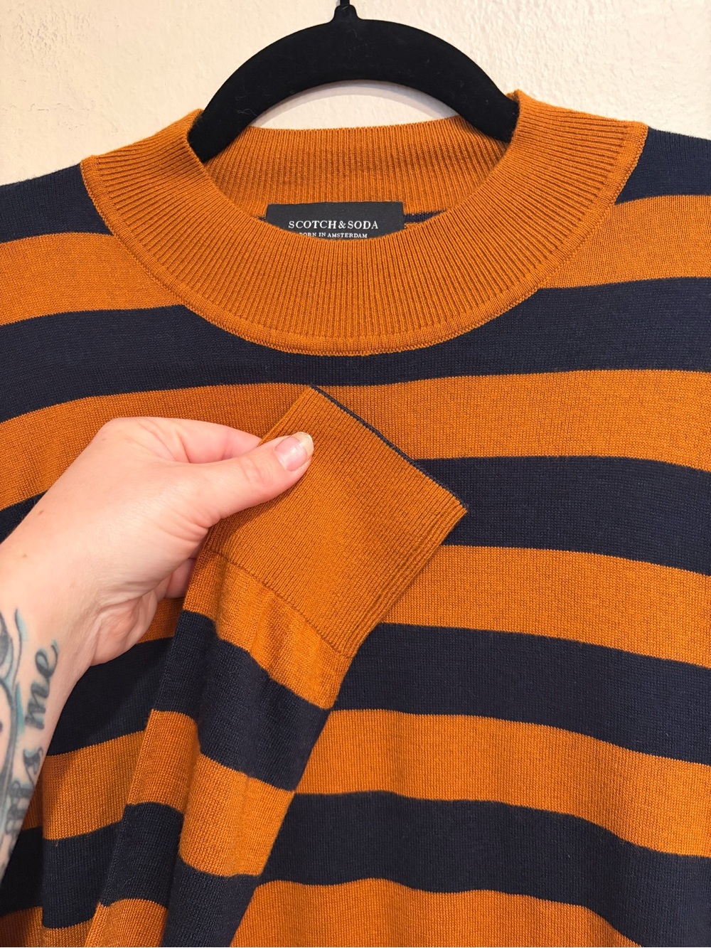 Scotch & Soda Rust & Navy Striped Crewneck Sweater, Lightweight, Viscose Blend - Picture 9 of 9